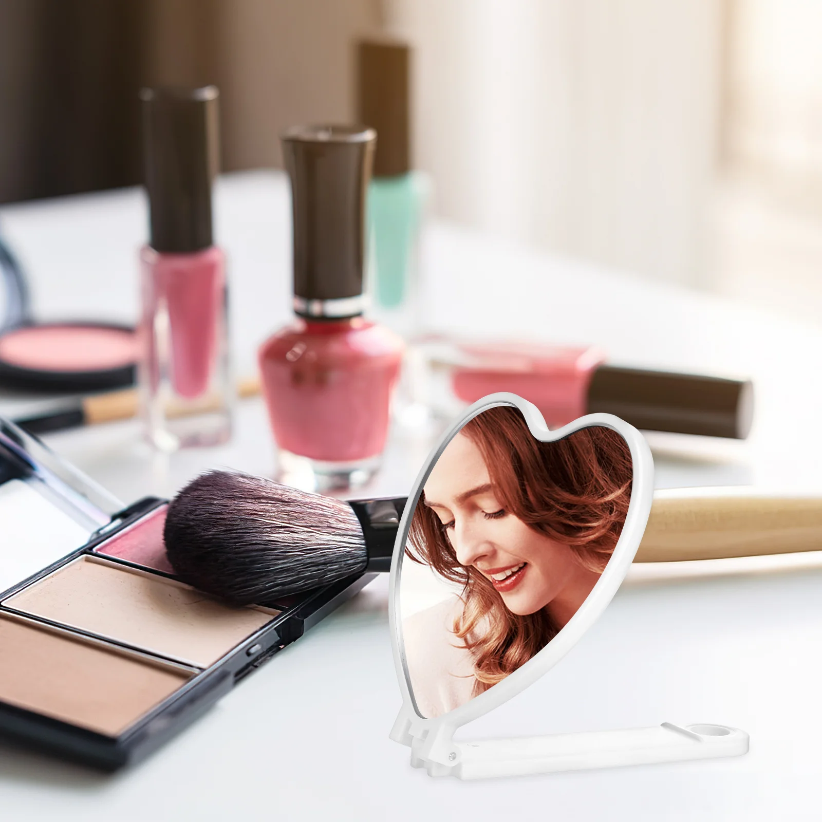 3 stuks hartvormige handspiegels roterende opvouwbare handgreep draagbare make-upspiegel reisaccessoires