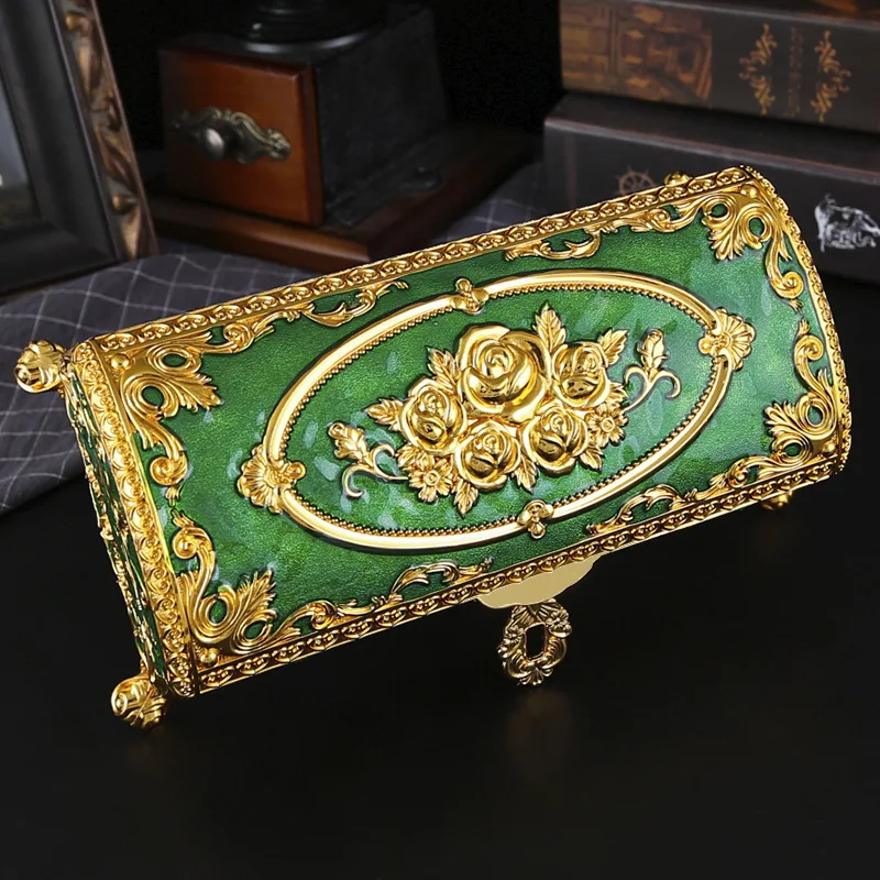 Retro Zinc Alloy Rose Jewelry Storage Box Creative Metal Rectangle Trinket Ring Necklace Organizer Storage Box