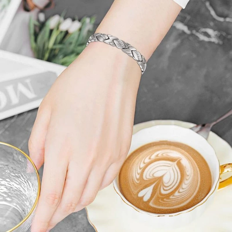 Magnetic Therapy Arthritis Pain Relief Bracelets for Women men Magnetic Steel Titanium Health Silver Color Bracelet with Crystal