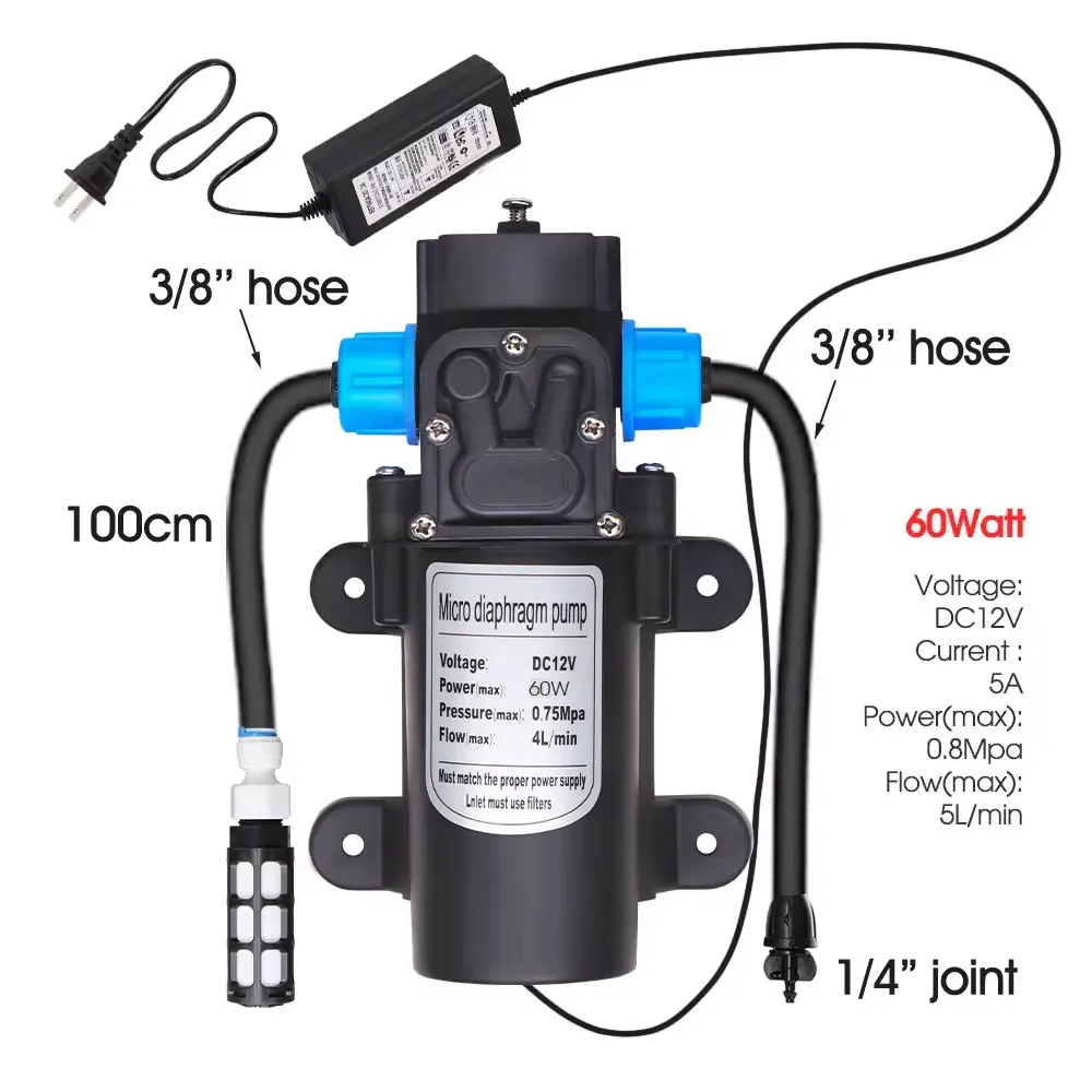 60W Self-priming Pump 20cm Flexible Nozzle Spray Kit Black 3/8