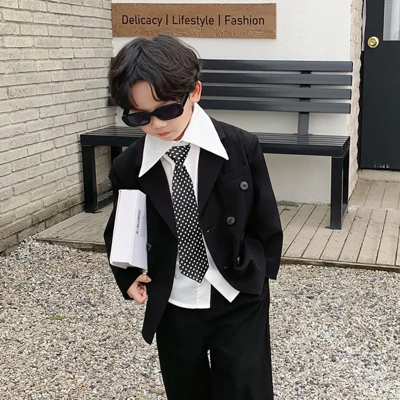 Boys Suit Spring Autumn Children School Uniform Casual Blazer Trousers 2 Piece Black Kids Wedding Clothes Set Compere Costume