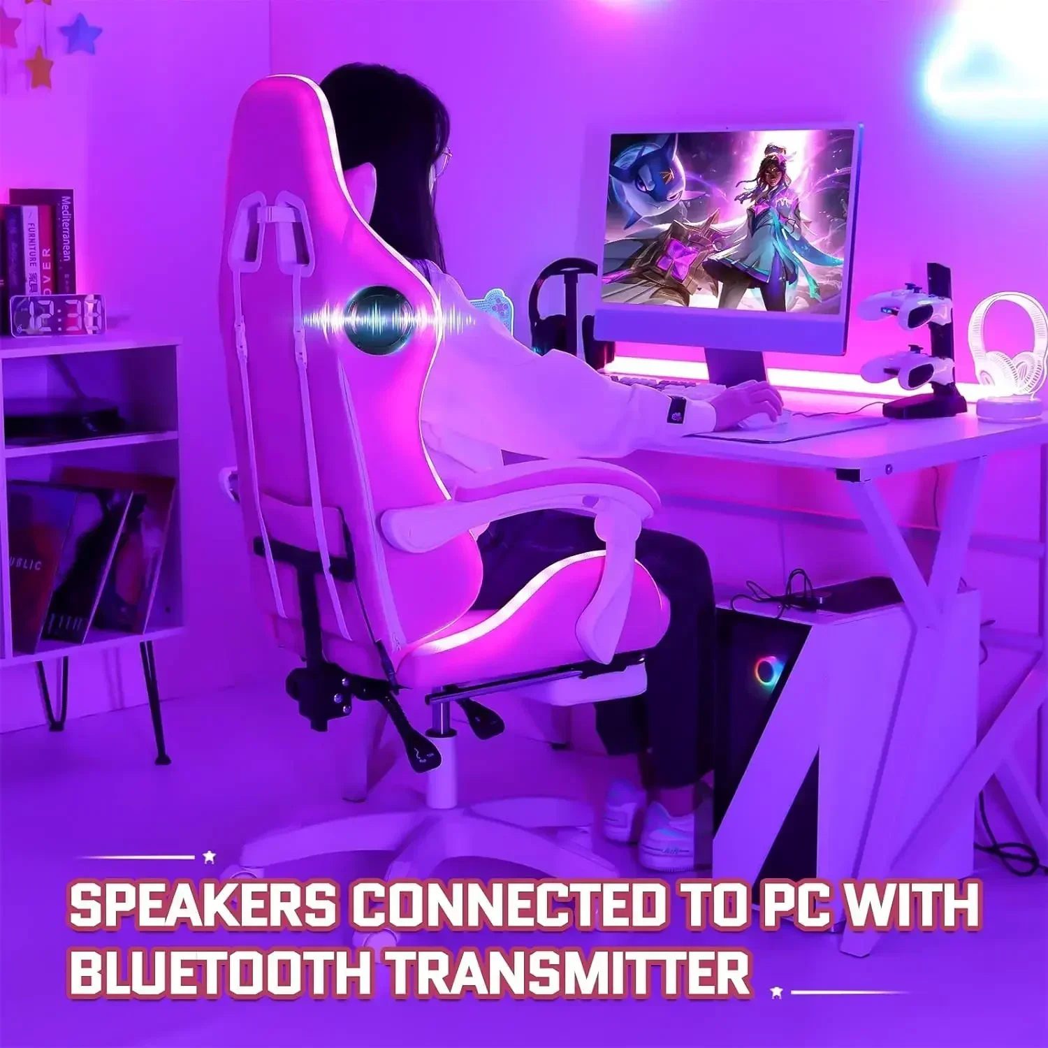 Suministros de mueblesSilla para juegos de ordenador rosa con altavoces Bluetooth y luces LED RGB para niñas Sillón de masaje con reposapiés Cu