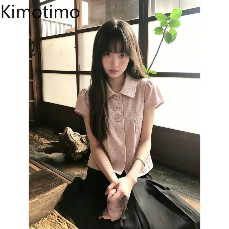Kimotimo Preppy Style Polka Dot Short Sleeve Shirt Women Summer Sweet Lapel Slim Button Up Crop Top Vintage Y2k Aesthetic Blouse