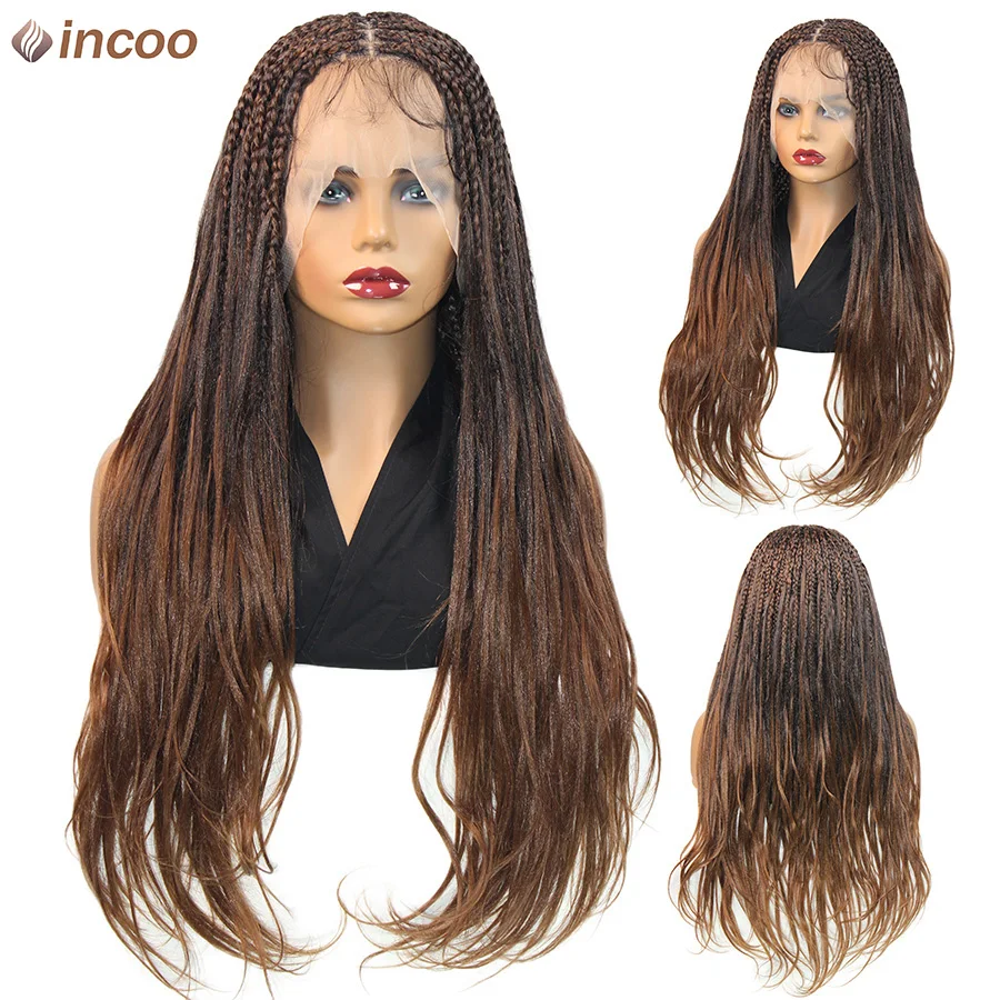 T1B 30 Brown Synthetic Full Lace Knotless Box Braided Wigs With French Curly Hair 28 Inches Cornrow Braids Wig For Black Women