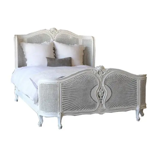 

American country solid wood carving flower rattan double bed French retro villa wedding bed