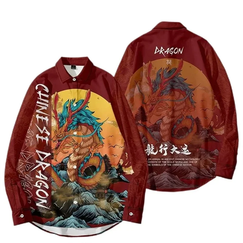 2025 Red Polyester Dragon Pattern Top for Men's Casual Long Sleeve Shirt with Collar Design, Durable and Smooth Texture