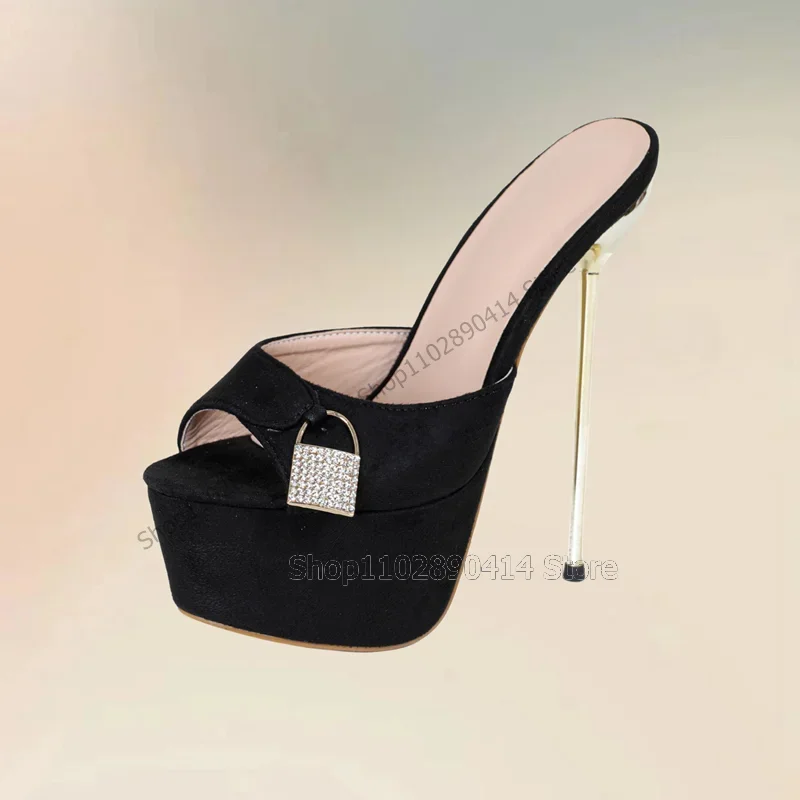 

Crystal Lock Black Open Toe Metal Heel Platform Slippers Slip On Women Shoes Thin High Heels Fashion 2023 Zapatos Para Mujere