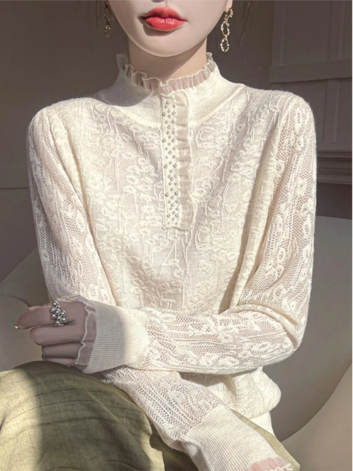 

Весна 2025 г. Новый женский кружевной вязаный тонкий свитер Bateau Ne f с высоким воротником Base irt Commute Sle Regular Fit Kni...