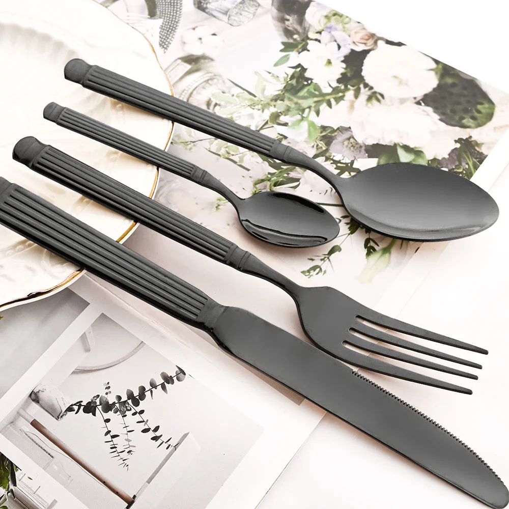 Juego de Cubiertos de Acero Inoxidable de 4 Piezas, Juego de Cubiertos Negros para Cena Occidental, Cuchillo, Tenedor, Cucharas, Cubiertos de Cocina con Acabado Espejo para el Hogar