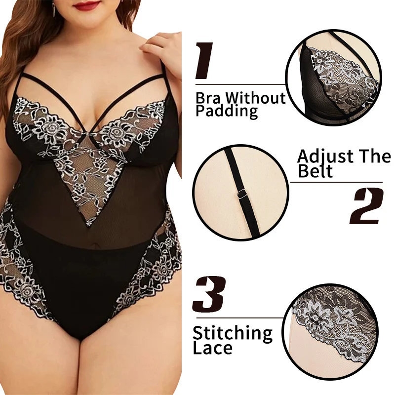 Plus Size Lace Bodysuit Deep V Neck Sexy Lingerie See Through Women\'s Underwear Backless Hot Exotic Costumes Sensual Lingerie