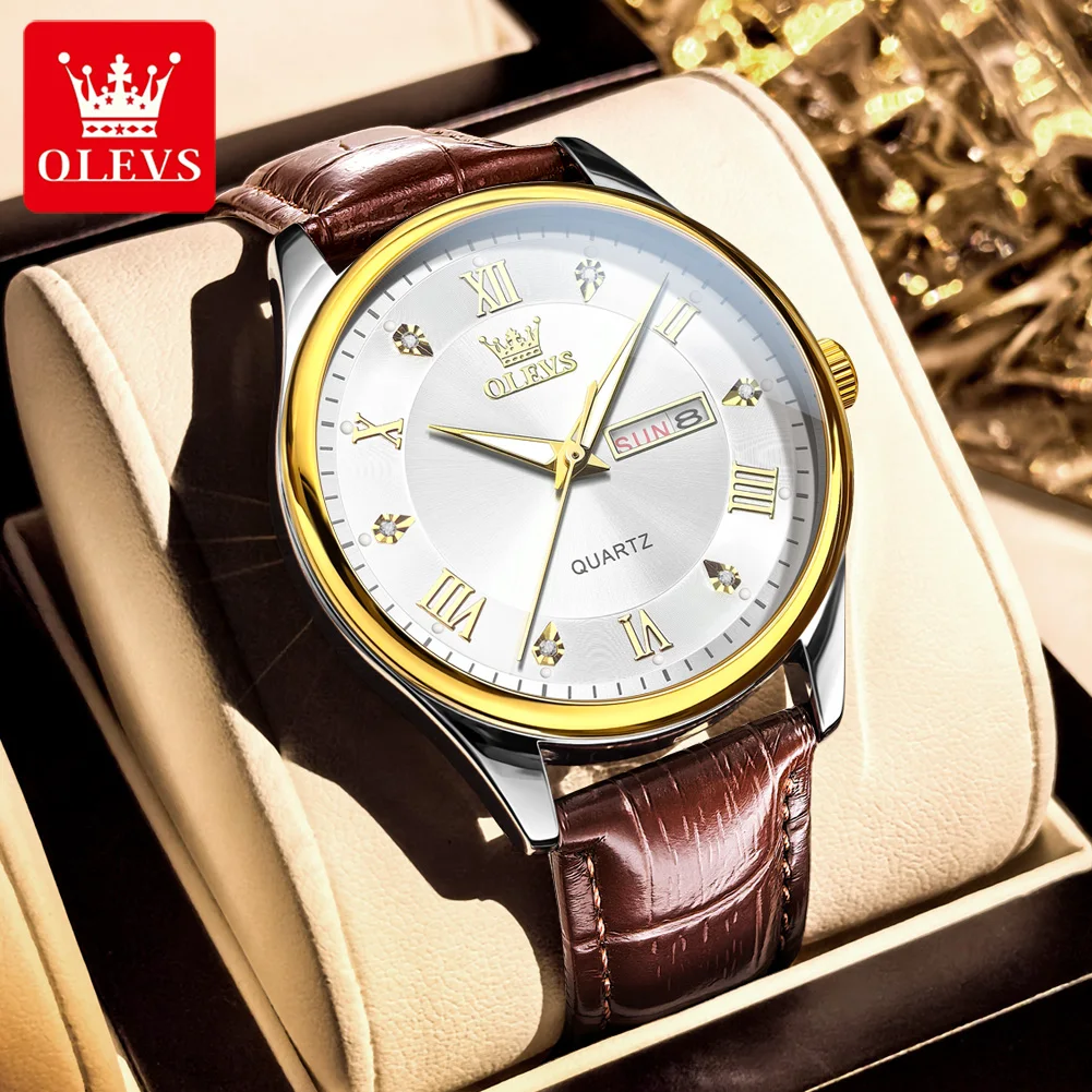 

OLEVS 3649 мужские оригинальные кварцевые часы с дышащим кожаным ремешком, светящиеся водонепроницаемые мужские наручные часы в классическом стиле
