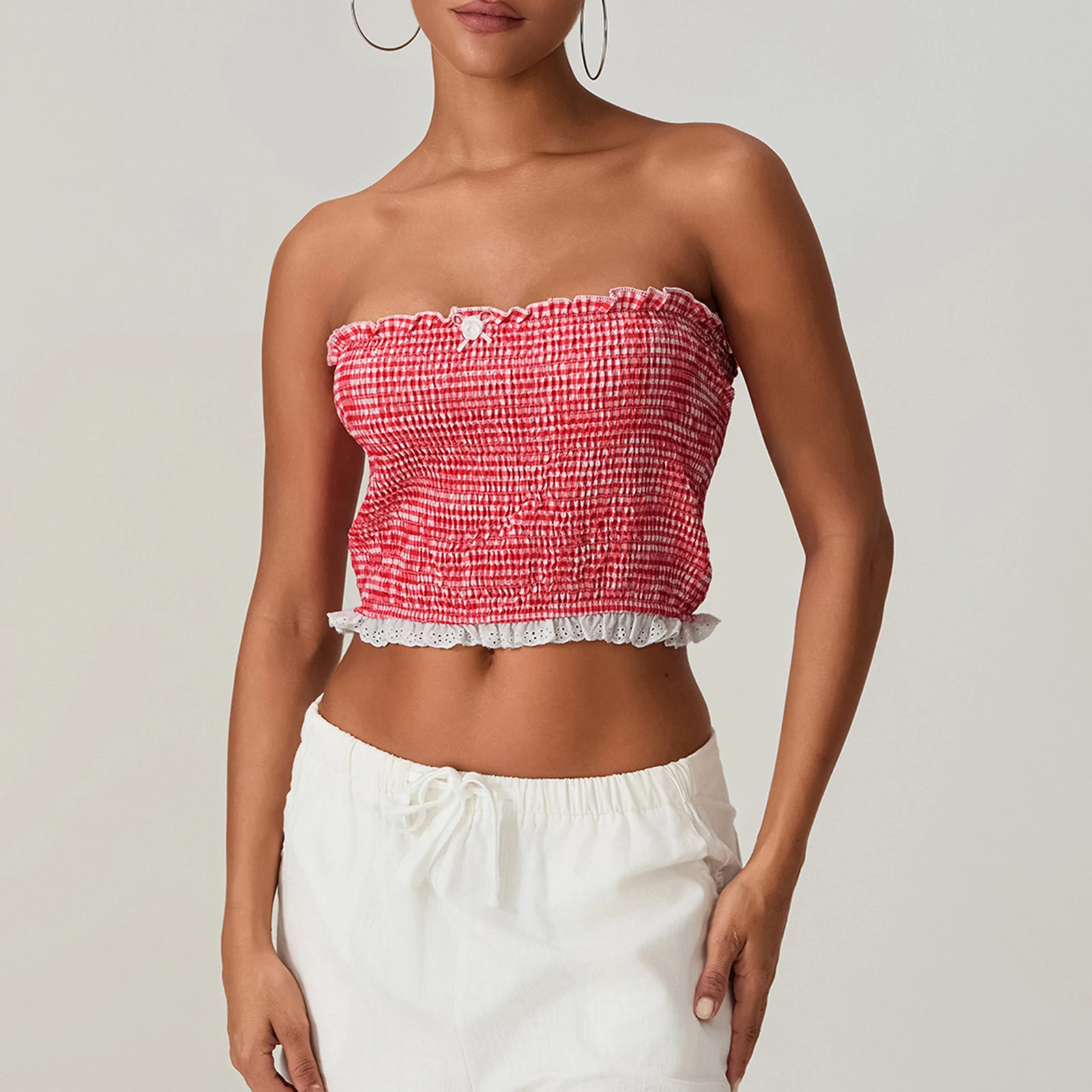 Women Smocked Tube Tops Bow Lace Trim Backless Strapless Boat Neck Crop Tank Tops