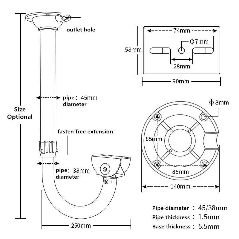 U-Type 75-150CM 100-200CM Telescopic Expandable 360° Adjustable Duckbill Universal Bullet Security Camera Ceiling Mount Bracket