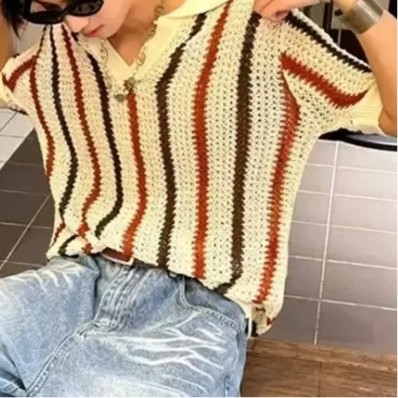 Men's Summer Fashion Striped Color Block Openwork Knit Polo Shirt Casual Short Sleeve Thick Needle Top