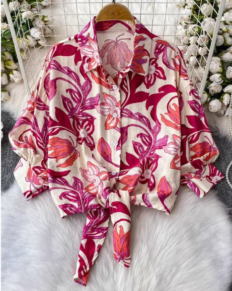 

Gagarich European 2025 Summer New Fashion Versatile Lapel Long Sleeved Printed Shirt Tie Up Waist Collection Short Top Women
