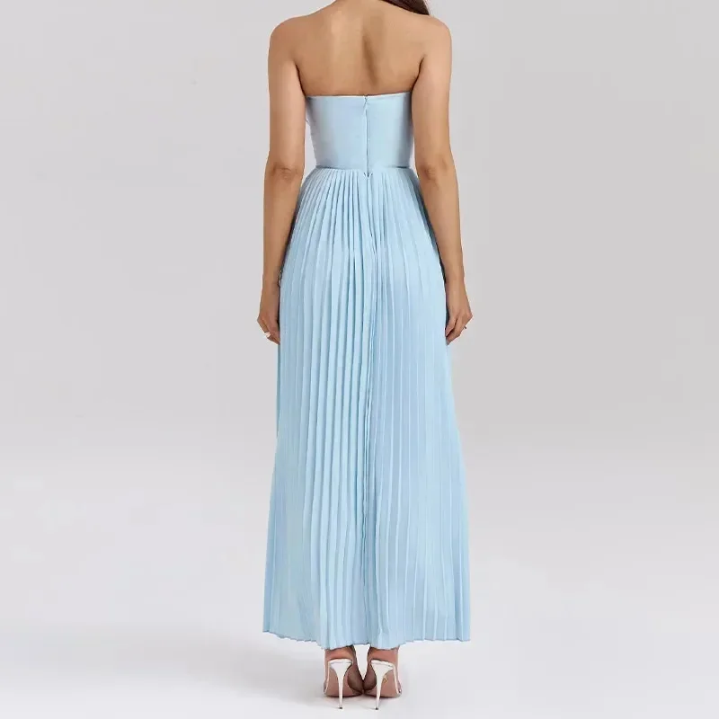 Elegant Pleated Hem Maxi Dresses Women Sexy Corset Wrap Luxury Sleeveless High Waist A Line Robe Summer Holiday Party Vestidos