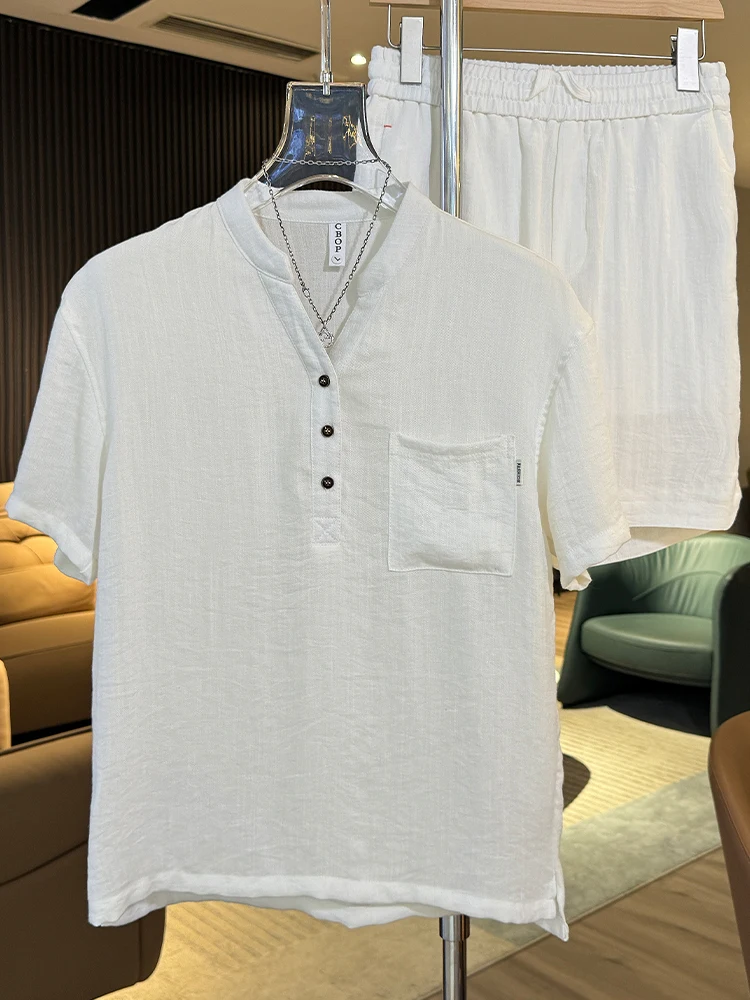 

Lightweight Cool Loose Men's T-Shirt Ice Hemp V-Neck Short Sleeve Casual Set with Shorts Breathable Comfortable Summer Wear