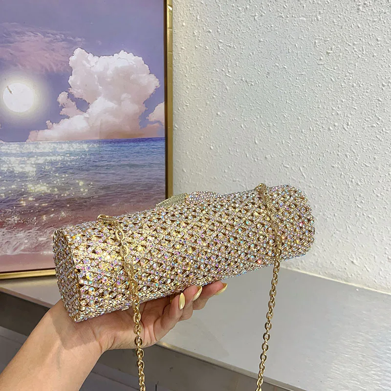 Golden Cylindrical Crystal Purse Luxury Clutch Bags Prom purse Silver sparkly diamante banquet bag Bride Wedding Party bag