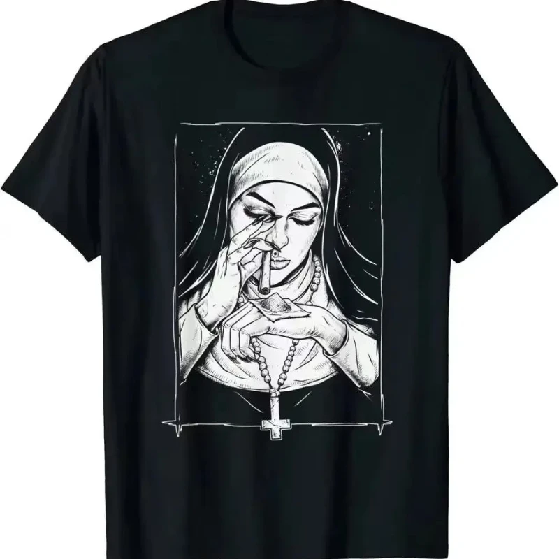 

New Drug Addict Nun's T-shirt Harajuku Casual T-shirt 100% cotton Men's Summer Printed T-shirt Men's casual T-shirt