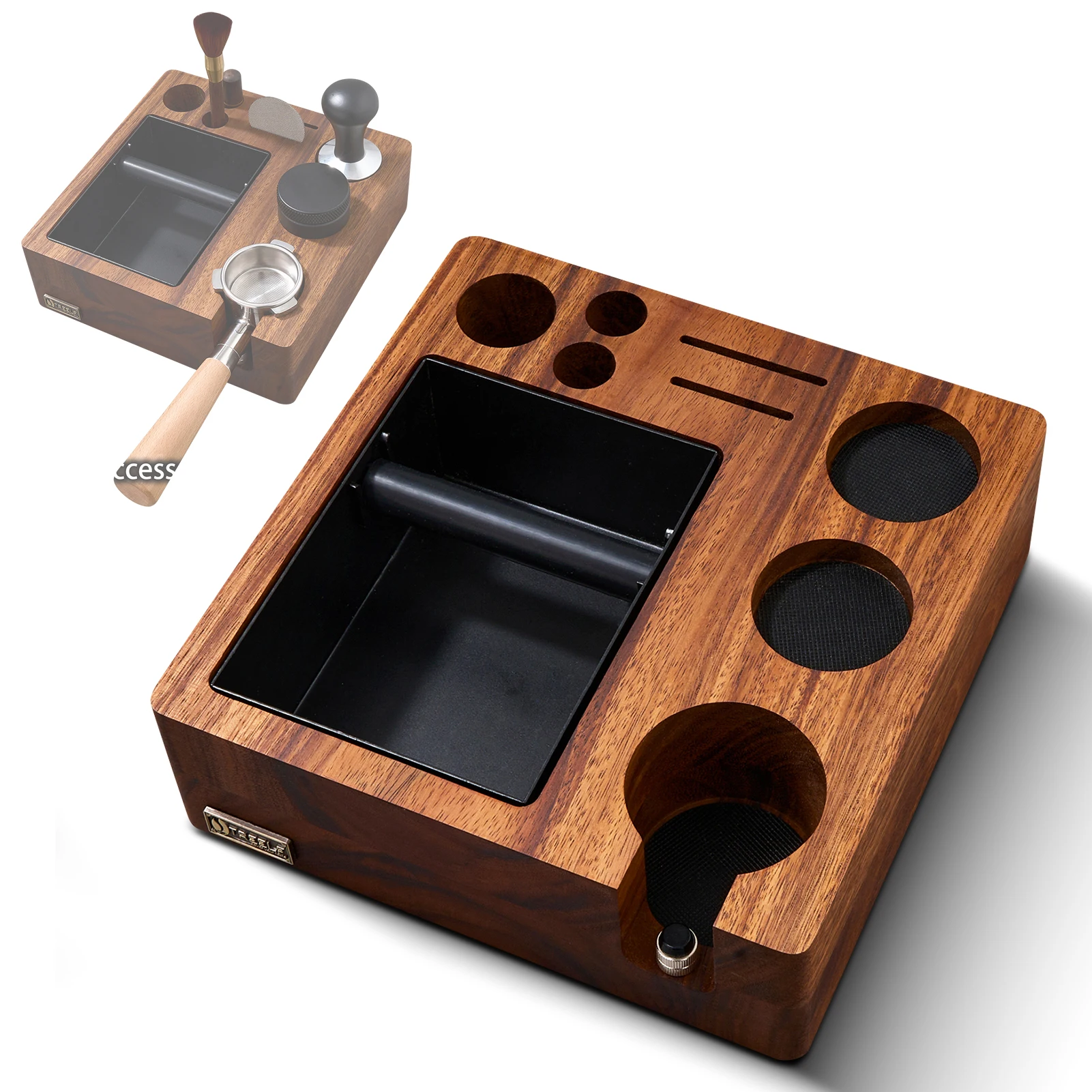 TREELF 3 IN 1 Espresso Knock Box and Tamping Station 51/54MM Espresso Coffee Anti-pressure Pad Stand Walnut Wooden Coffee Tool