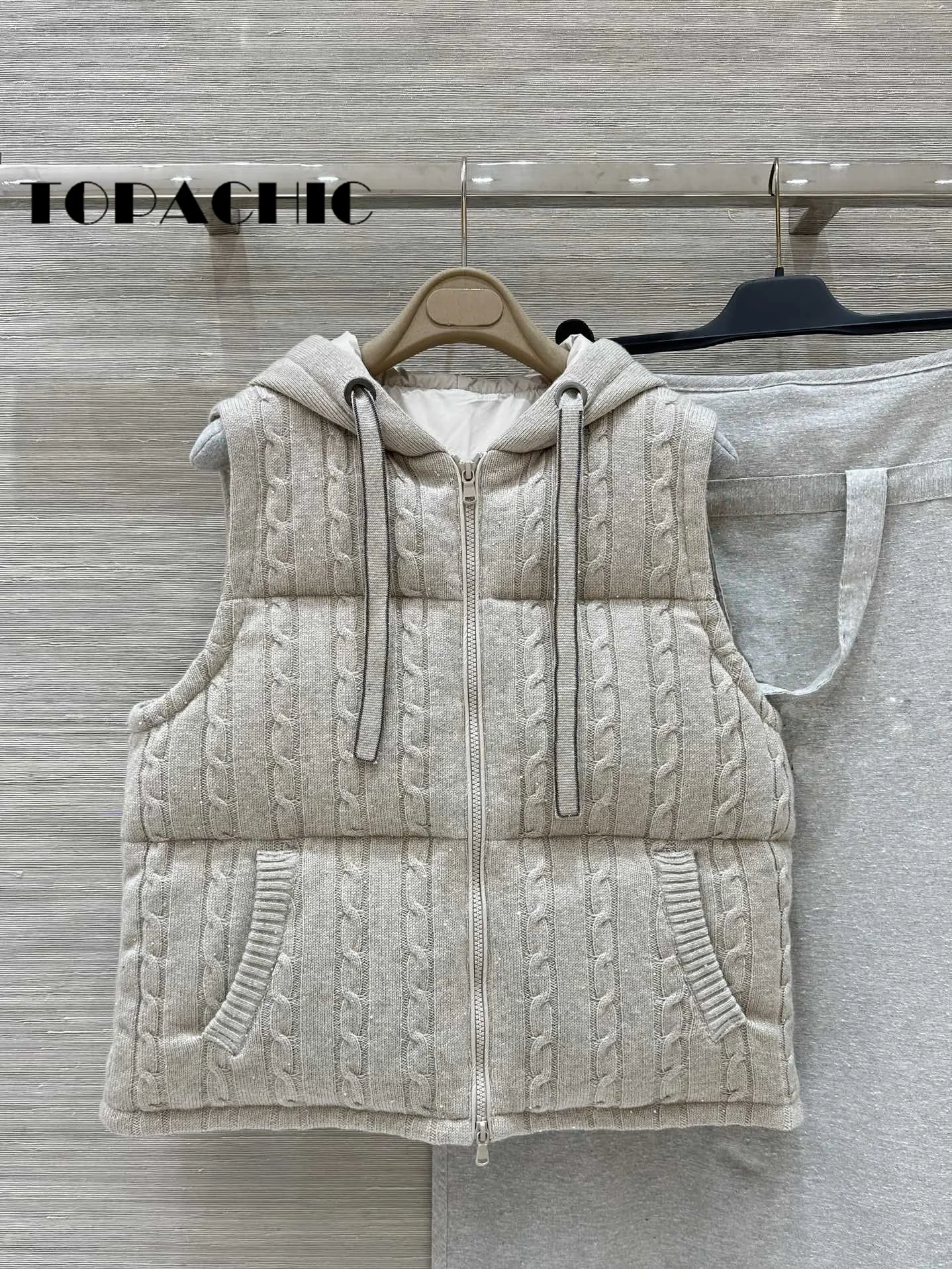 8.23 TOPACHIC-Women\'s 100% Cashmere Knit Twist Hooded Goose Down Keep-warm Vest Beading Chain Lace-up Bling Sequins Vest Coat