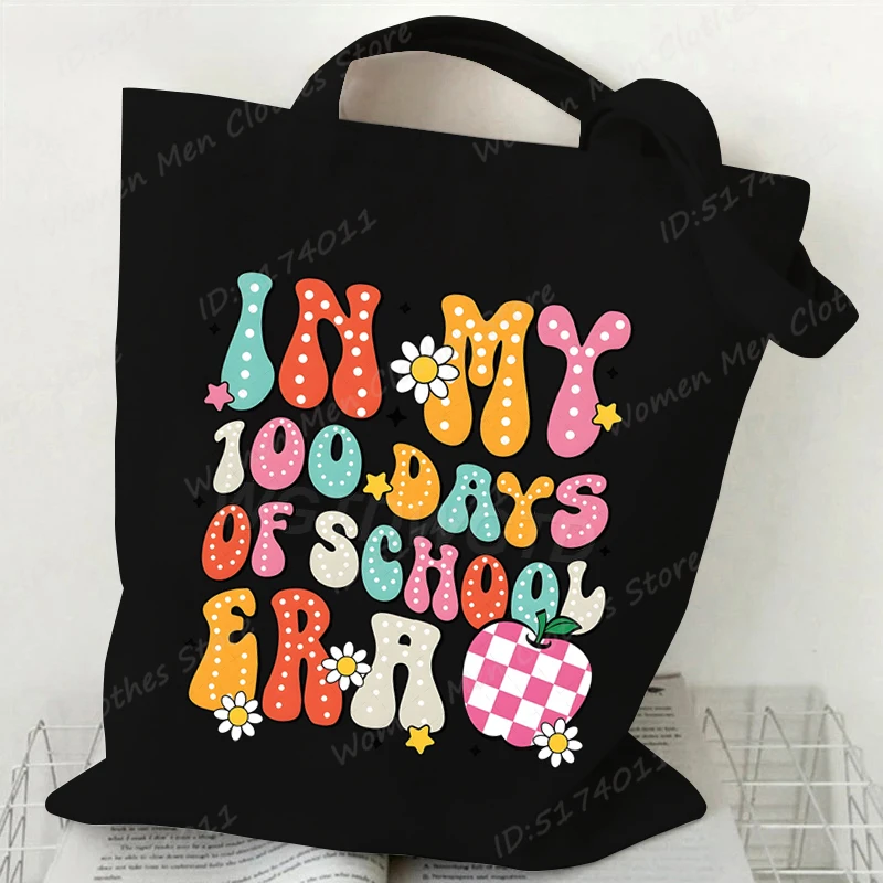 

Women Shopping Bag 100 Days Of School Teacher Graphic Reusable Female Tote Bag Handbag Retro Large Ladies Shoulder Shopper Bag