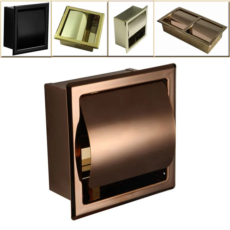 1Pc SUS304 Recessed In Wall Reel Toilet Paper Holder Rose Gold Matte Black Polished