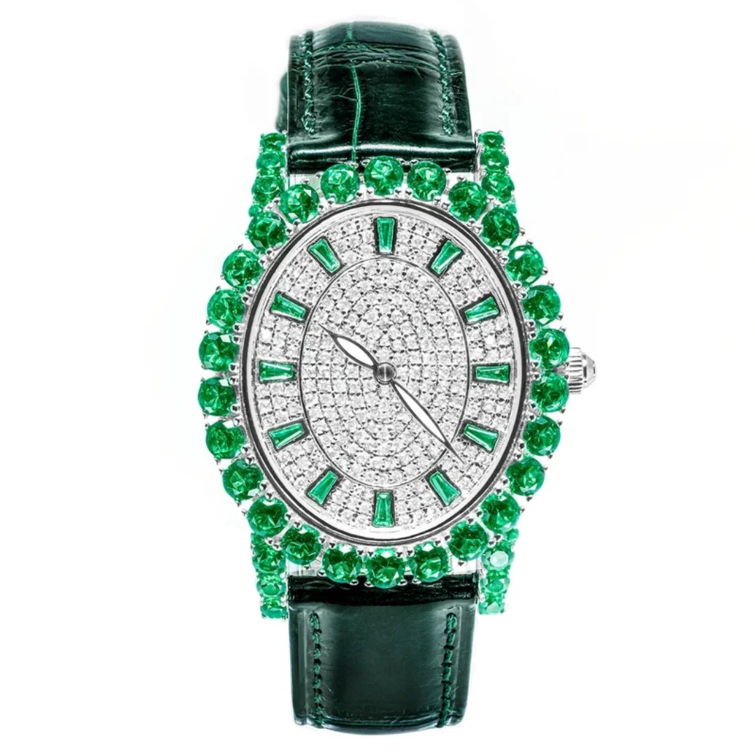 

BELLUX модные часы с кожаным ремешком, стильные роскошные часы унисекс с бриллиантами и зелеными драгоценными камнями, ювелирные изделия