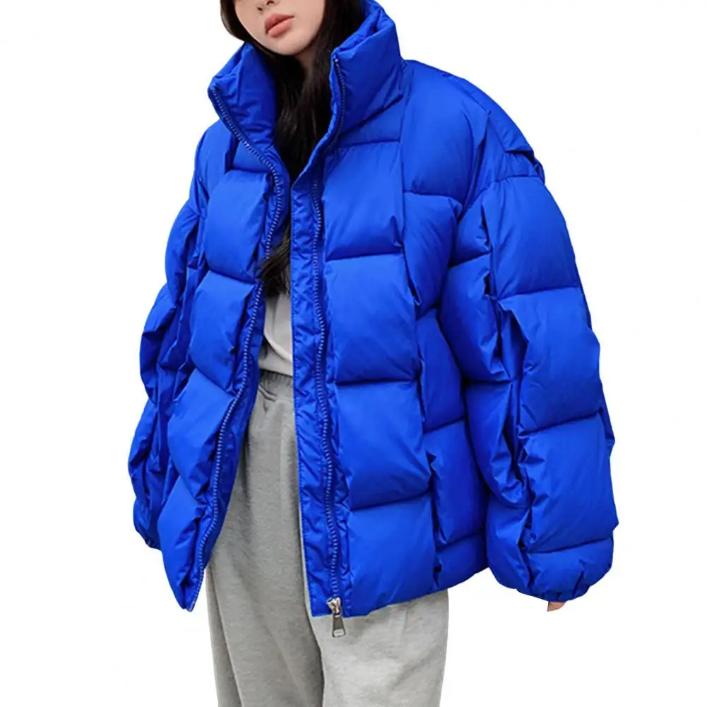 

Thicken Winter Women Cotton Jacket Stand Collar Exaggerated Style Mid Length Zipper Padded Coat Windproof Outwear Parka
