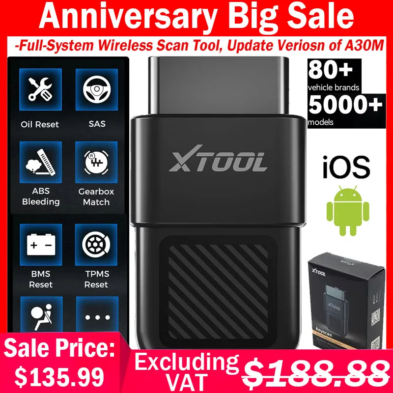 

NEW XTOOL Anyscan A30X Car Diagnostic Tool Bi-directional Scanner OBD Bluetooth DTC Code Auto VIN Over 5000 Car Life Free Update