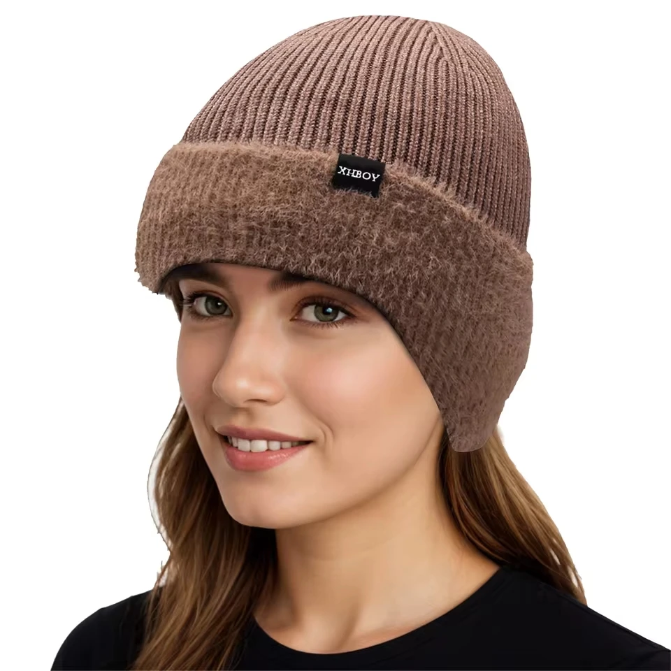 Women Winter Warm Knitted Hat With Ear Outdoor Thermal Wool Hat Flannel Hat Men Ear Hat