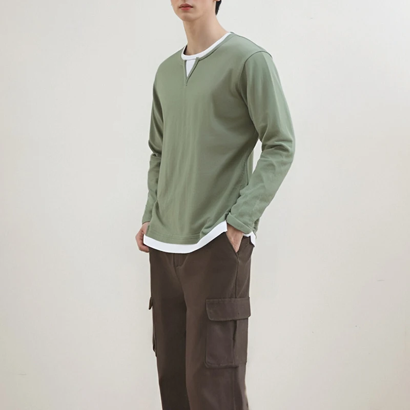 

Autumn Winter False Two Pieces Men's V-Neck Long-Sleeved Fashion Bottoming Shirt Solid Colour Leisure Slim Long-Sleeved T-Shirt