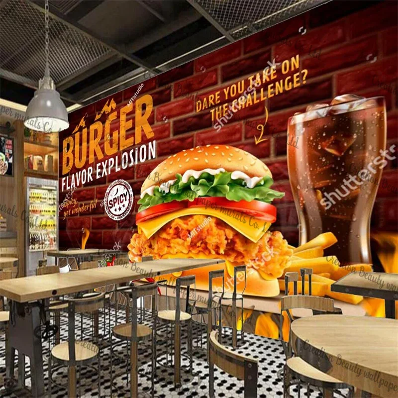 Custom American Burger Cola Photo Wallpaper Fast Food Restaurant Industrial Decor Murals Snack Bar Decor Murals Wall Paper 3D