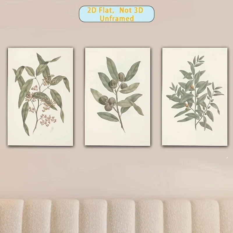 3pcs Canvas Painting frameless 2D Flat, 3pcs Multi-Size 2D Flat, Frameless, Vintage Botanical Specimen Decorative Painting, Farm