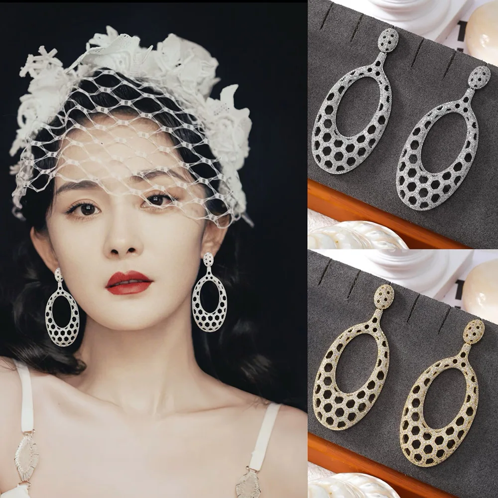 

Missvikki New Luxury Skeleton Dangle Earrings Shiny Cubic Zircon Drop Earring For Bridal Wedding Party Jewelry High Quality