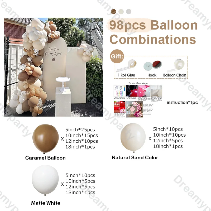 98pcs Boho Ballon Boog Kit Retro Karamel Natuurlijke Zand Witte Ballonnen Baby Douche Kid Verjaardag Geslacht Onthullen Feestdecoratie