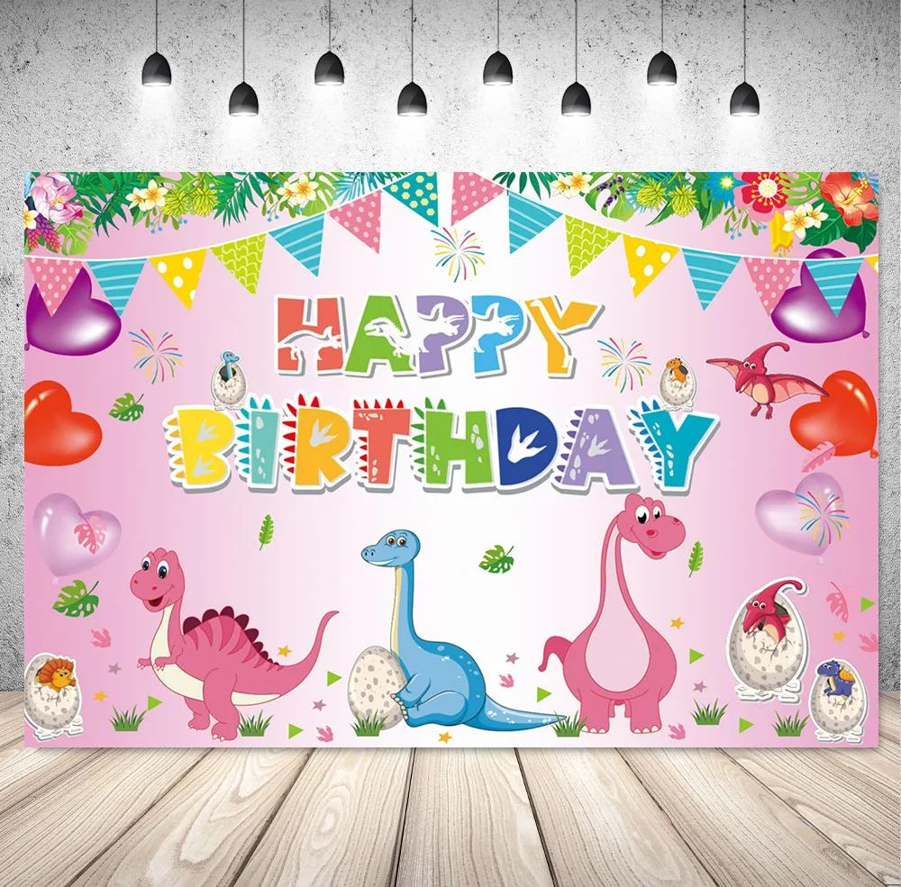 Cartoon Dinosaur Photography Backdrop Kids Birthday Jurassic World Dino Baby Shower Banner Background Pink Photo Studio Props