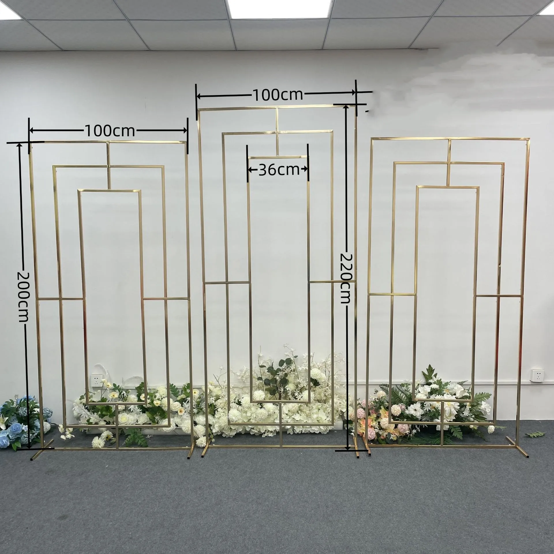 3Pcs Arch Square Backdrop balloon Stand Background Shiny Metal Gold Plating Outdoor Artificial Flower Door Shelf Frame