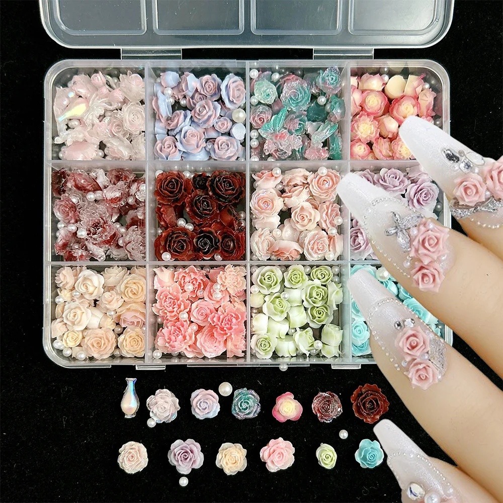 12/24Grids 3D Mixed Rose/Bow/Fruit/Pearl Nail Charms Flower