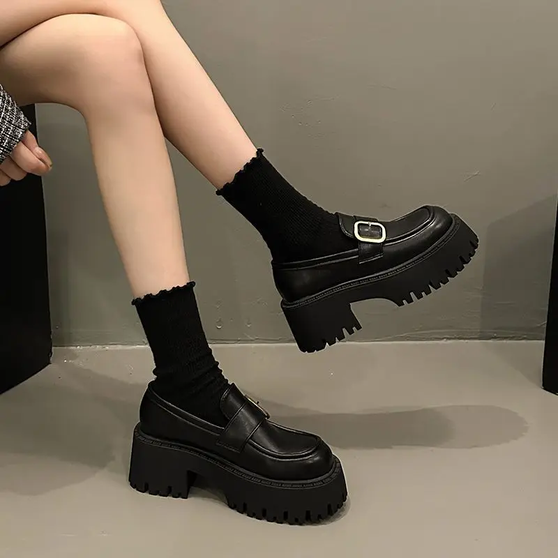 

Women's Niche Leather Shoes Round Toe Thick Sole British Style Japanese JK Shoes Retro Autumn Winter High Heel Loafers
