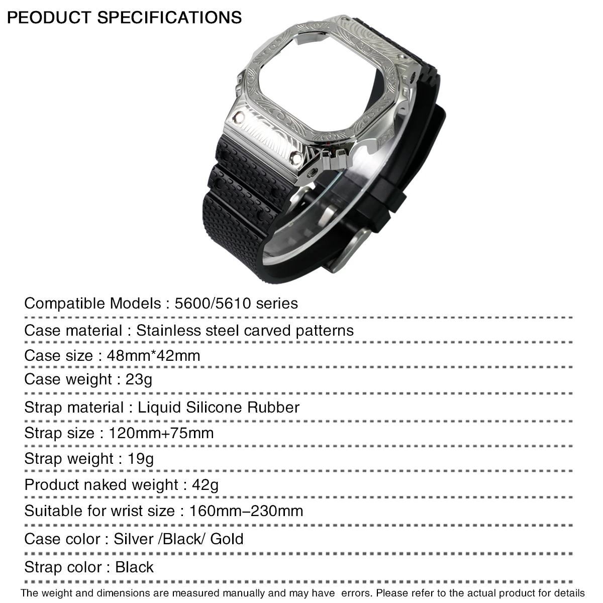 DW5600 Mod Kit Embossed Stainless Steel Case and Fluorine Rubber Strap Integrated Connection Design for DW-5600 GW-M5610 G-5600