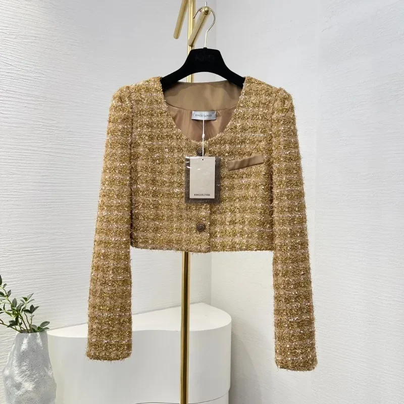 

Stylish Gold Tweed Women's Short Jacket High Quality Long Sleeve Ladies Vintage Outwear for Autumn Winter 2024