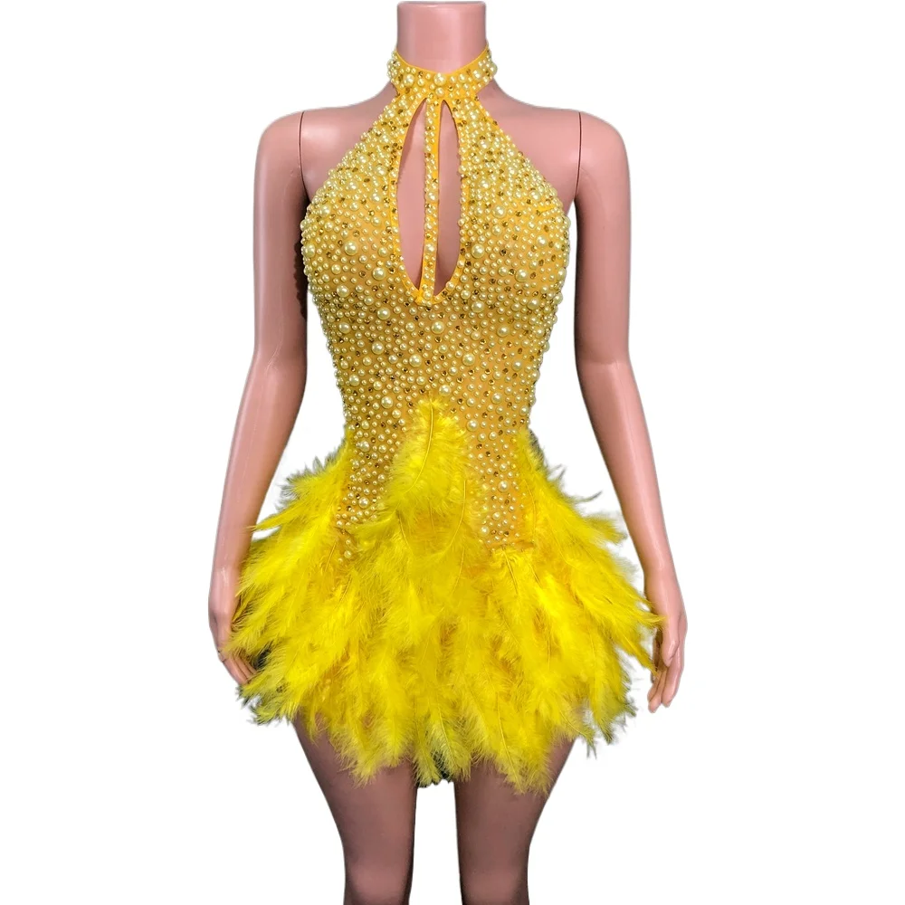 

Sparkly Rhinestones Pearls Halter Backless Mini Feathers Skirt Women Sexy Mesh Transparent Performance Dance Costume Stage Wear