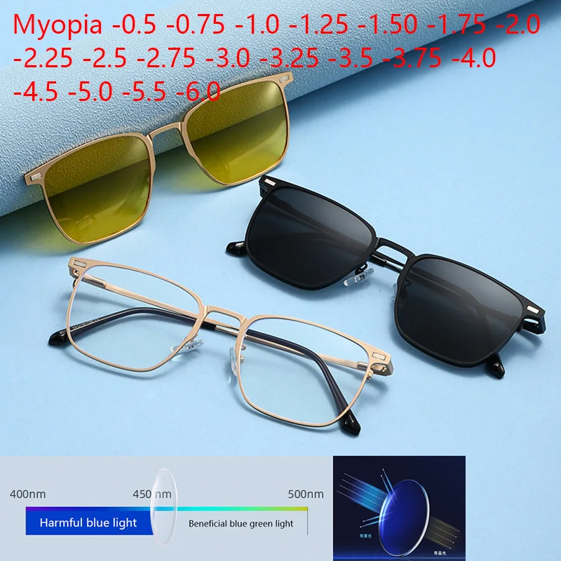 

Поляризованные солнцезащитные очки для близорукости 3-в-1 на заказ с защитой от синего света, металлические солнцезащитные очки с магнитной клипсой для защиты от бликов