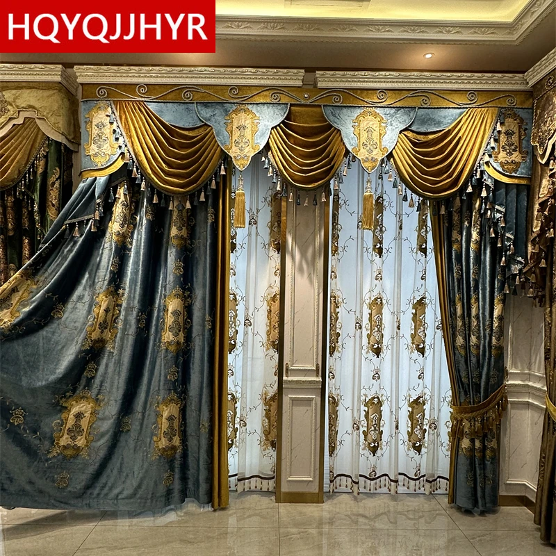 

Blue High Quality Velvet Embroidered Blackout Villa Curtains for Living Room Bedroom European Luxury Decorative Valance Curtain