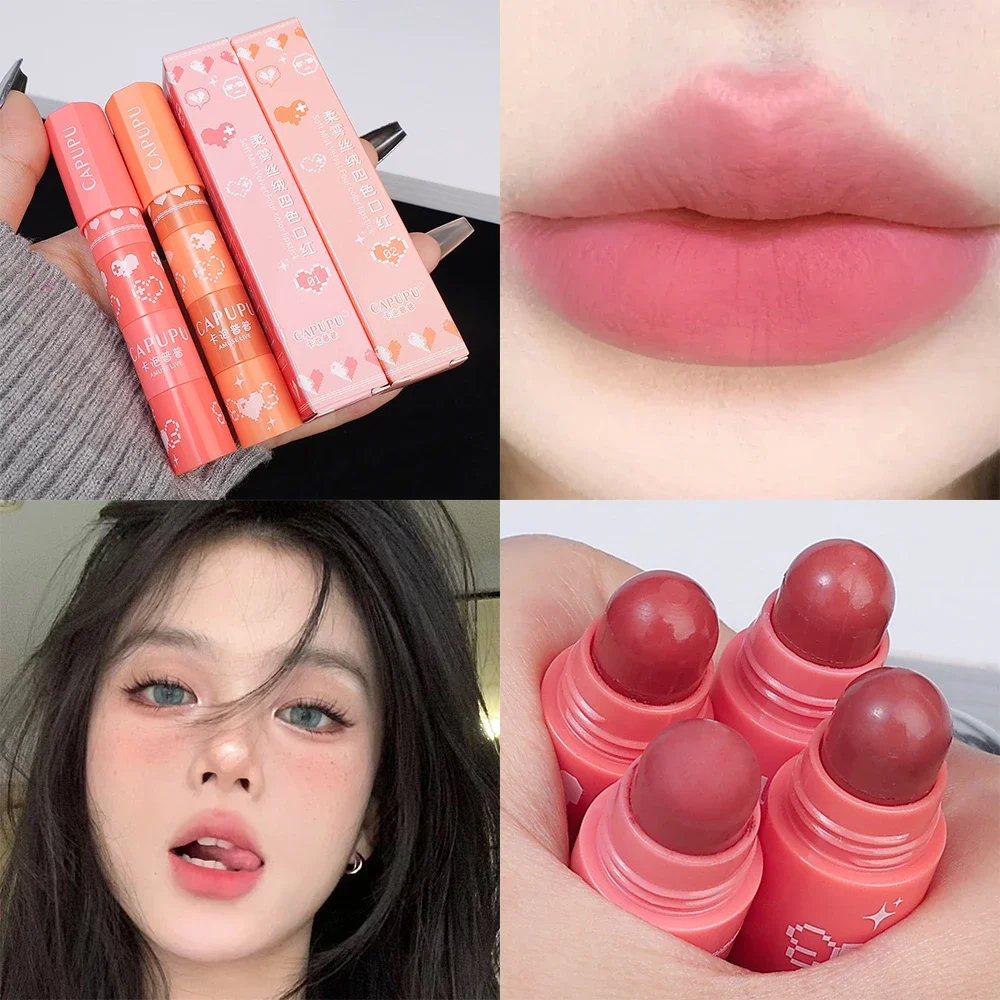 4 Colors in 1 Matte Nude Pink Red Lipstick Set Waterproof Long Lasting Not Fading Crayon Lipstick Pencil Korean Makeup Cosmetics
