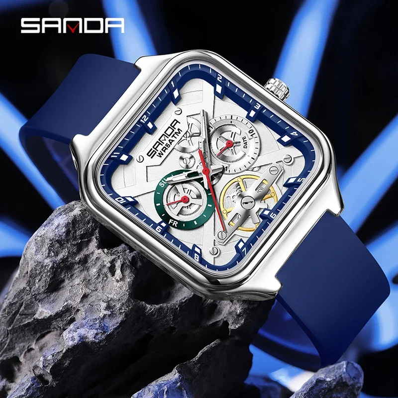 SANDA Business Leisure Men's Quartz Watches Square Watches Silicone Strap Luminous Waterproof Calendar Week Multifunction Watch