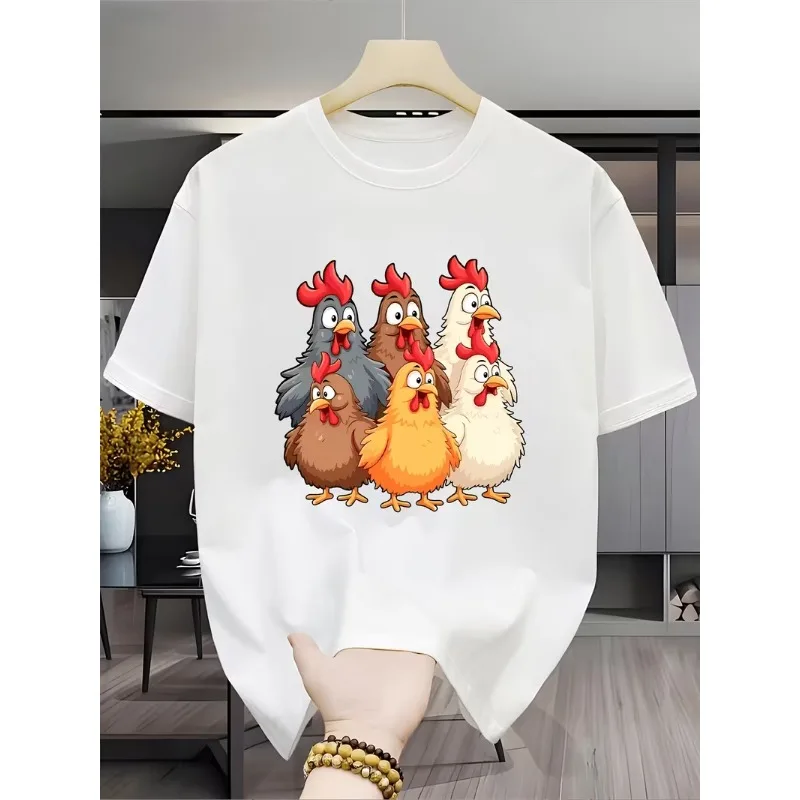 Cute Cartoon Chicken Flock Print T-Shirt Casual Round Neck Short Sleeve Funny Farm Animal Top Summer Streetwear for Daily Wear
