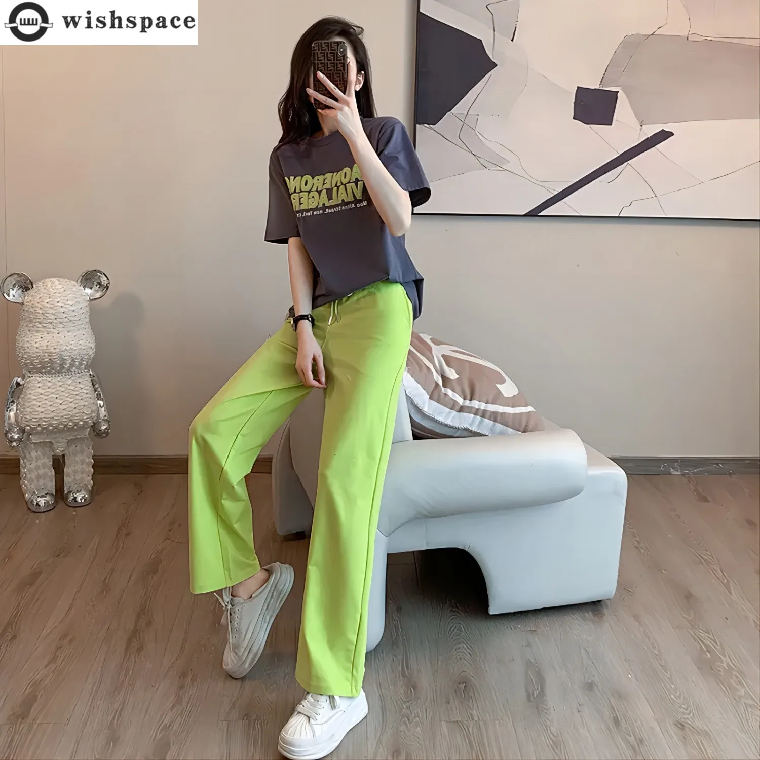 

2023 Summer New Loose Cotton Short Sleeve Fashion Fruit Green Wide Leg Pants Two Piece Casual Set Women's Fashion