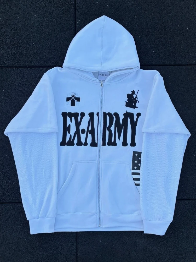 

Мужская толстовка на молнии в стиле Y2K Grunge 2026 с принтом флага и надписями, в стиле панк, повседневная, уличная, спортивная одежда